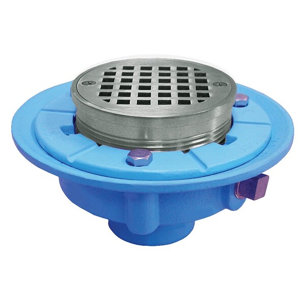 4in No Hub Code Blue Floor Drain, 9in Pan, 5in Chrome Plated Round Strainer, Height 3-1/2in-4-3/4in